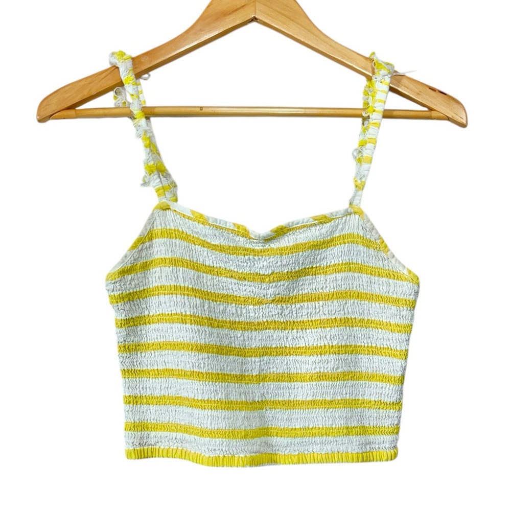 Free People Hyde Crop Top Women's S Yellow White Stripe Smocked Ruffle Cotton